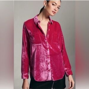 Anthropologie Hadley Velvet Button-Down Shirt in Electric Pink